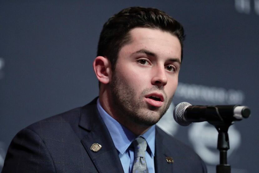 File- This Dec. 10, 2016, file photo shows Oklahoma's Baker Mayfield answering questions...