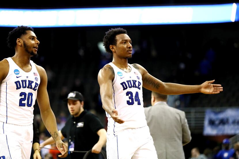 OMAHA, NE - MARCH 23: Marques Bolden #20 and Wendell Carter Jr #34 of the Duke Blue Devils...