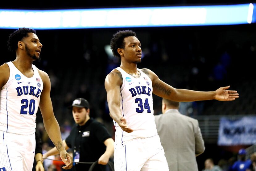 OMAHA, NE - MARCH 23: Marques Bolden #20 and Wendell Carter Jr #34 of the Duke Blue Devils...