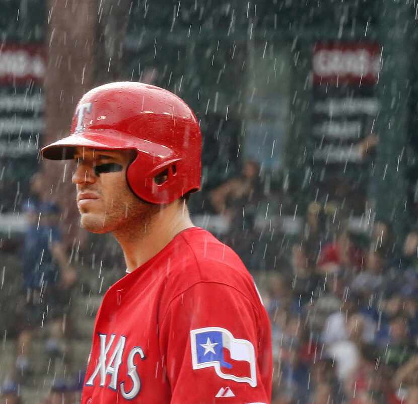 Texas second baseman Ian Kinsler is pictured in the rain during the Los Angeles Angels vs....