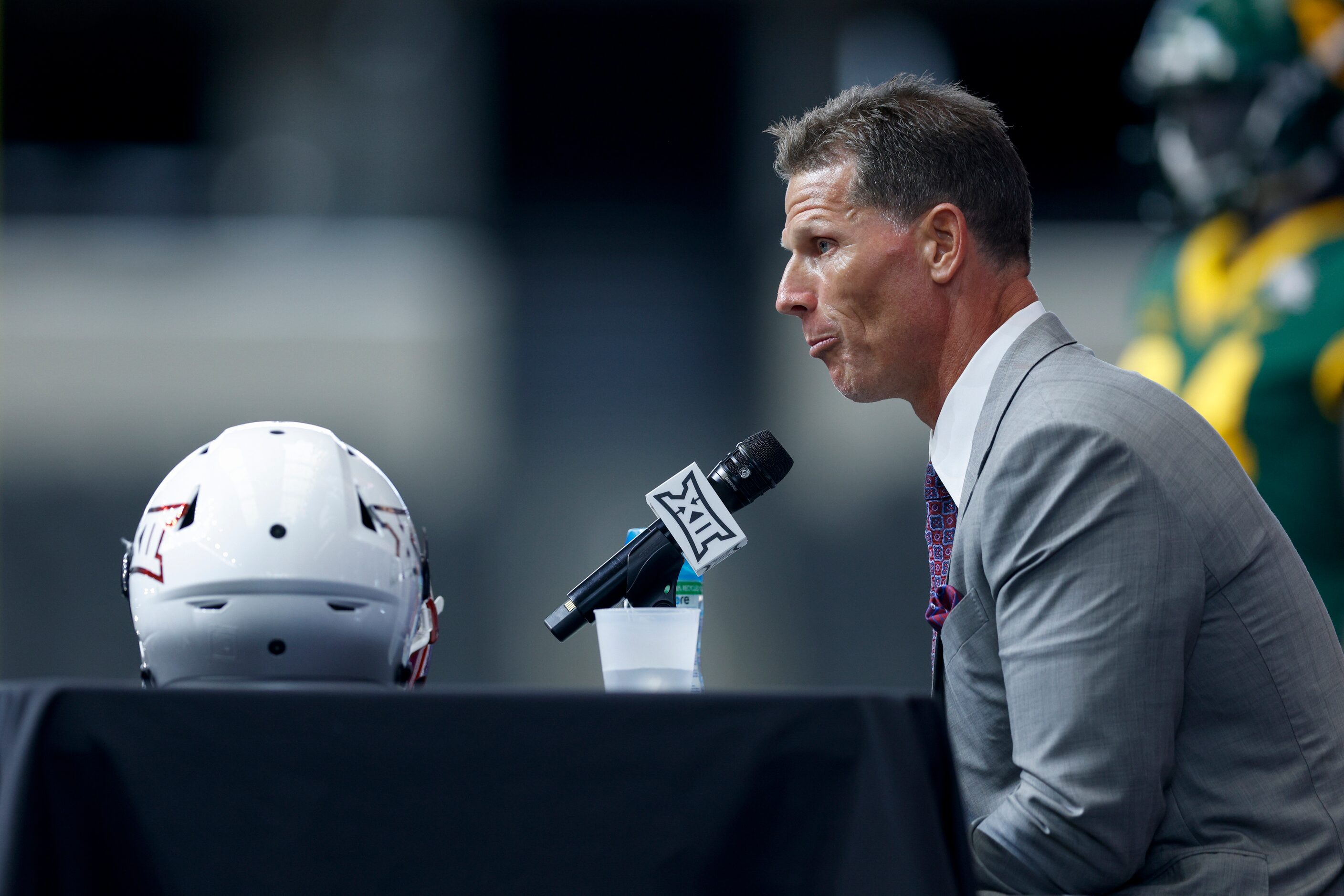 Oklahoma head coach Brent Venables speaks during the Big 12 Media Days at AT&T Stadium,...