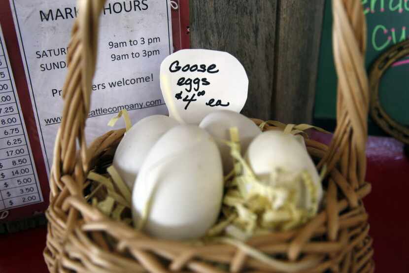 Goose eggs for sale at the JuHa Ranch stand at the City of Dallas Farmers Market on North...
