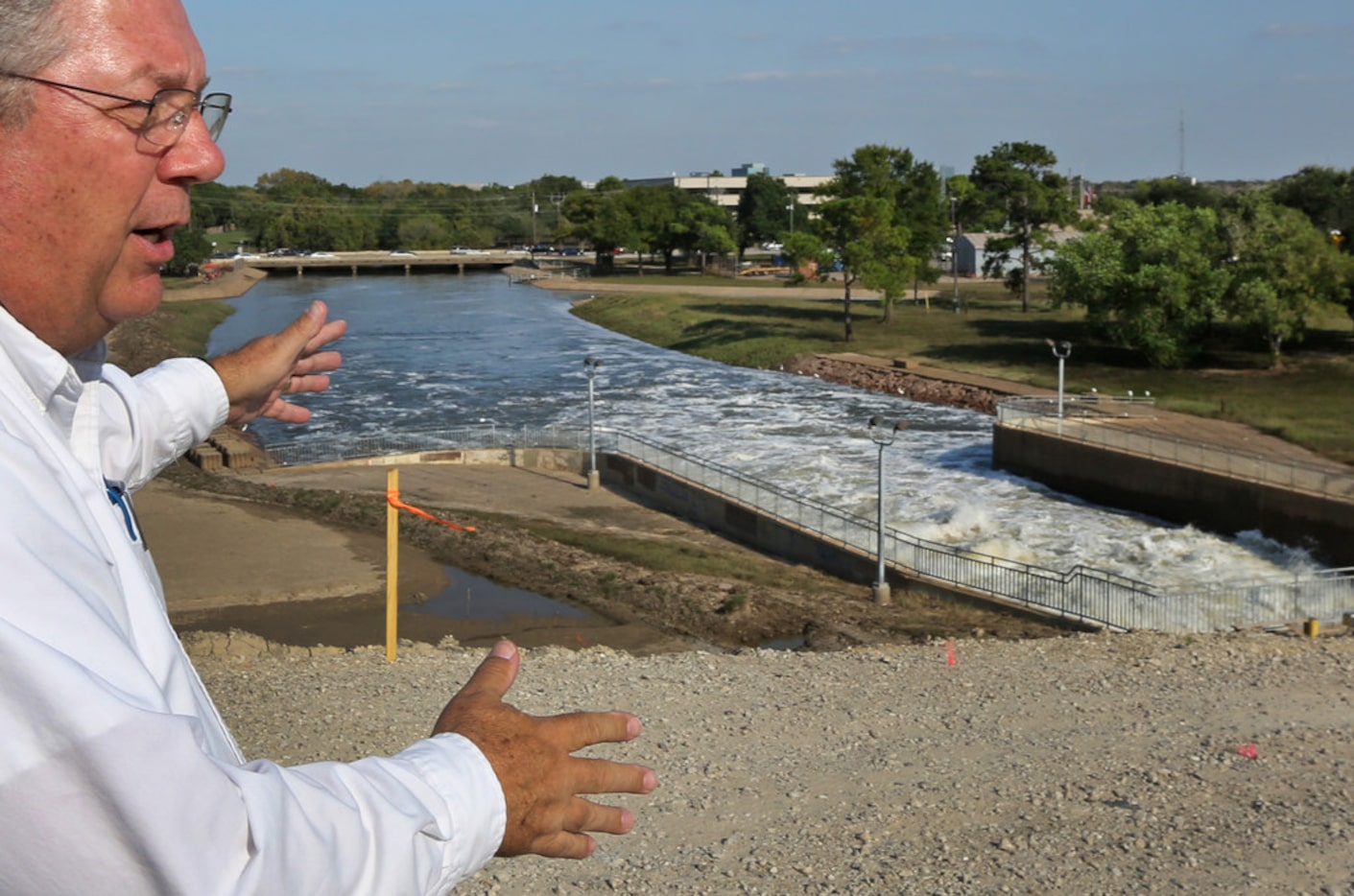 Richard Long of the U.S. Army Corps of Engineers shows where the gates of the Barker...