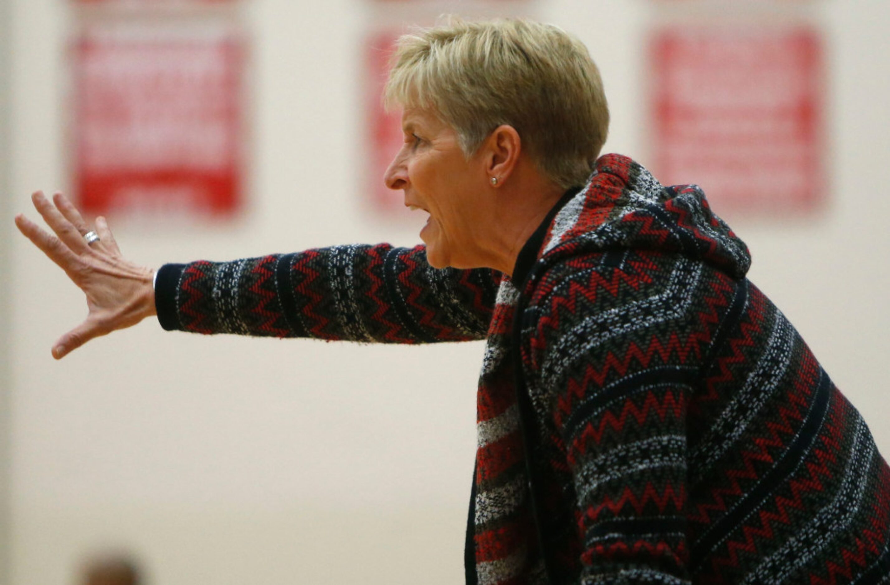 South Grand Prairie coach Samantha Morrow gestures during the first quarter against Cedar...