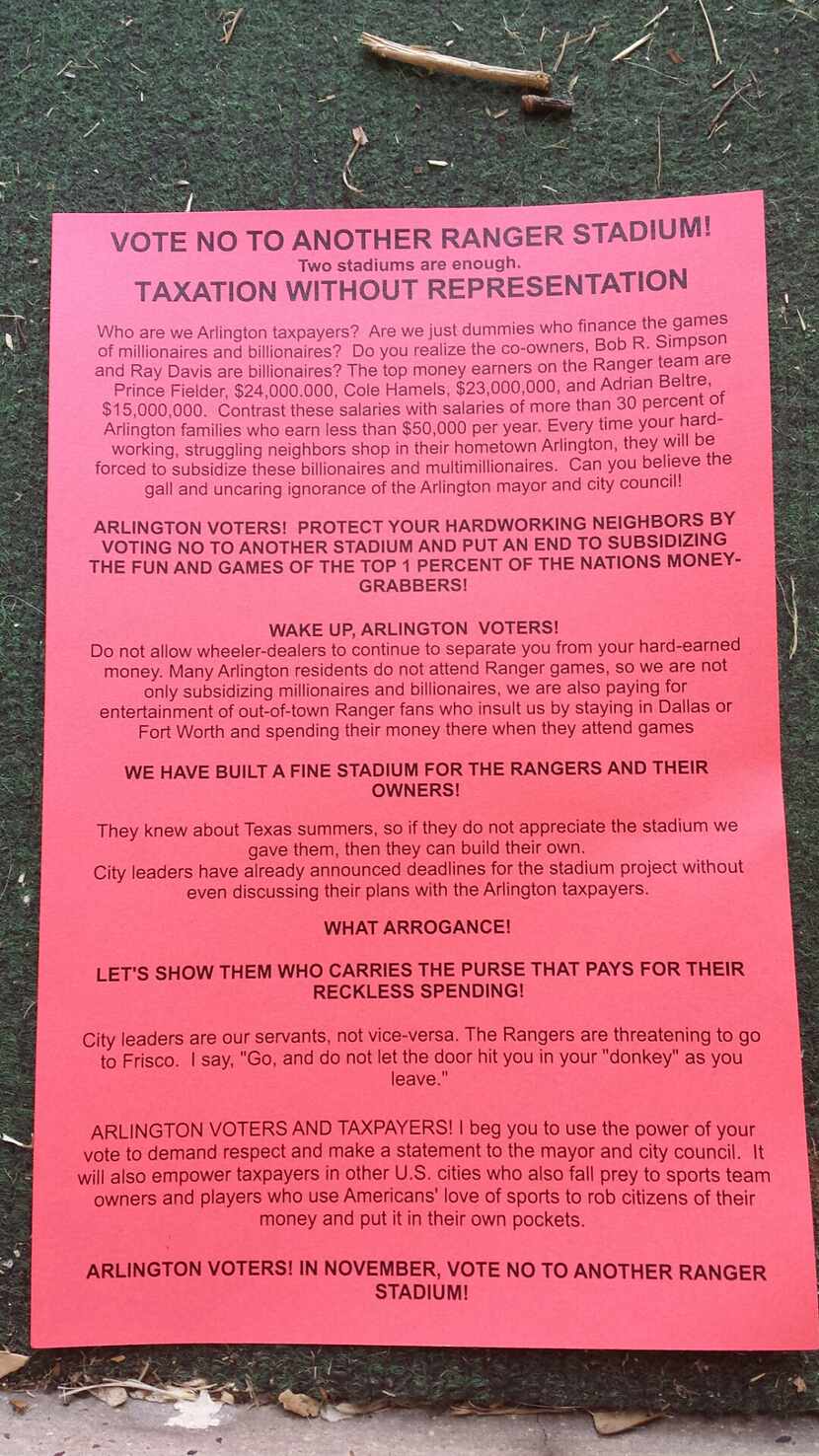 This anti-new stadium flier appeared in a neighborhood near Hurricane Harbor not far from...
