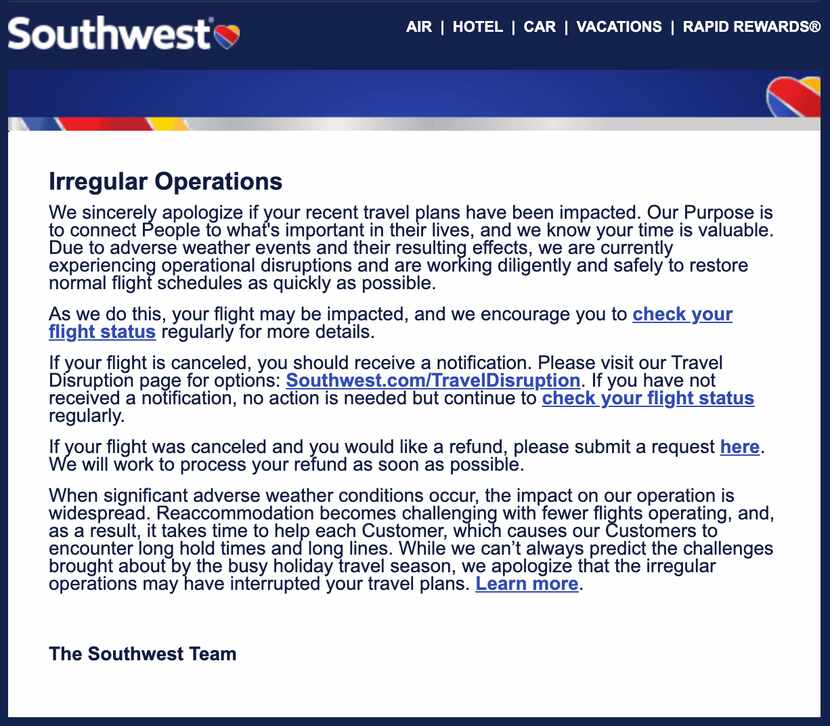 An email sent Monday night from Southwest Airlines Airlines apologizes to its customers for...