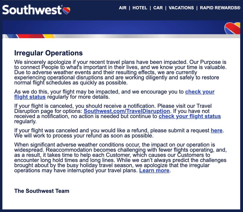 An email sent Monday night from Southwest Airlines Airlines apologizes to its customers for...