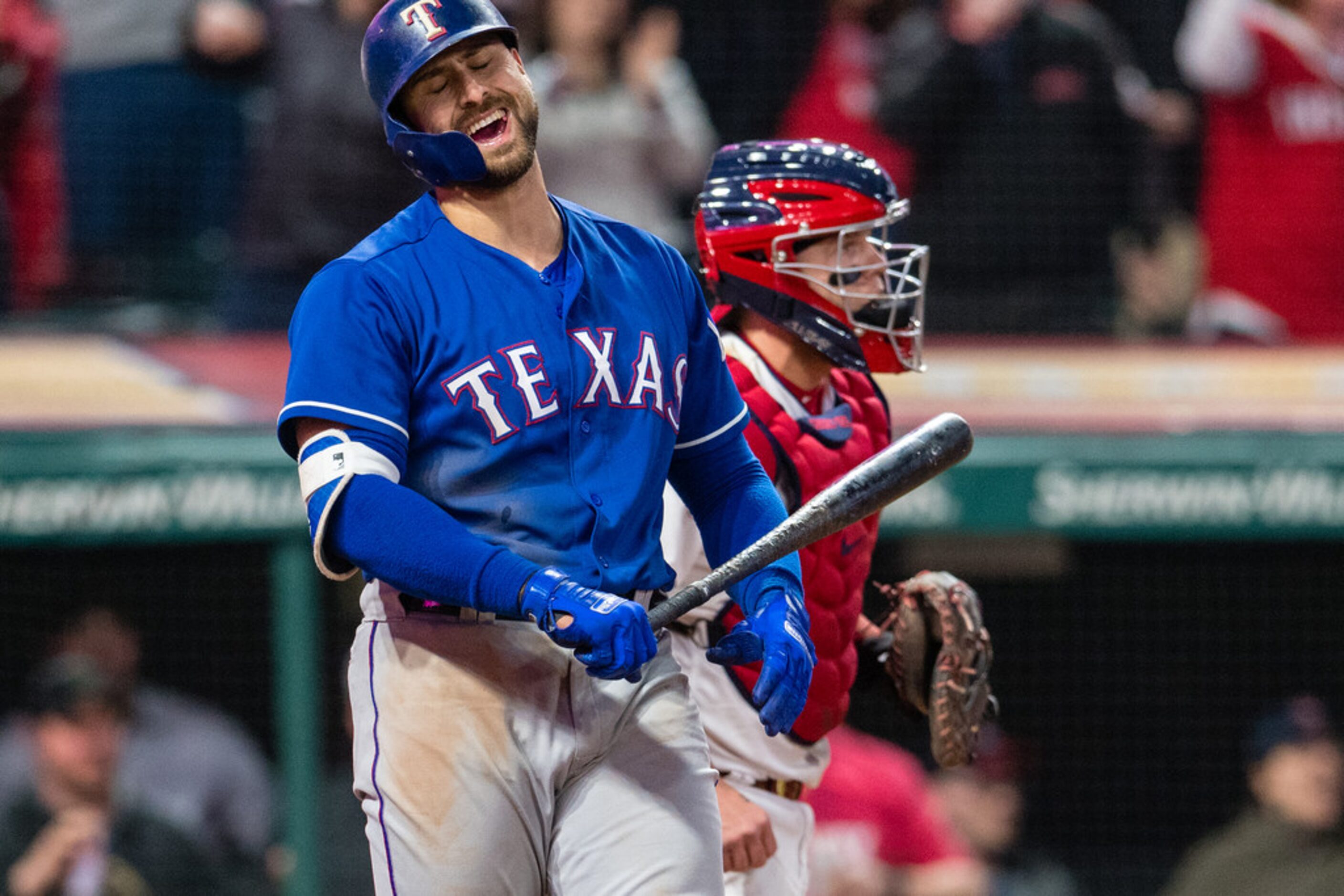 CLEVELAND, OH - APRIL 30: Joey Gallo #13 of the Texas Rangers reacts after striking out...