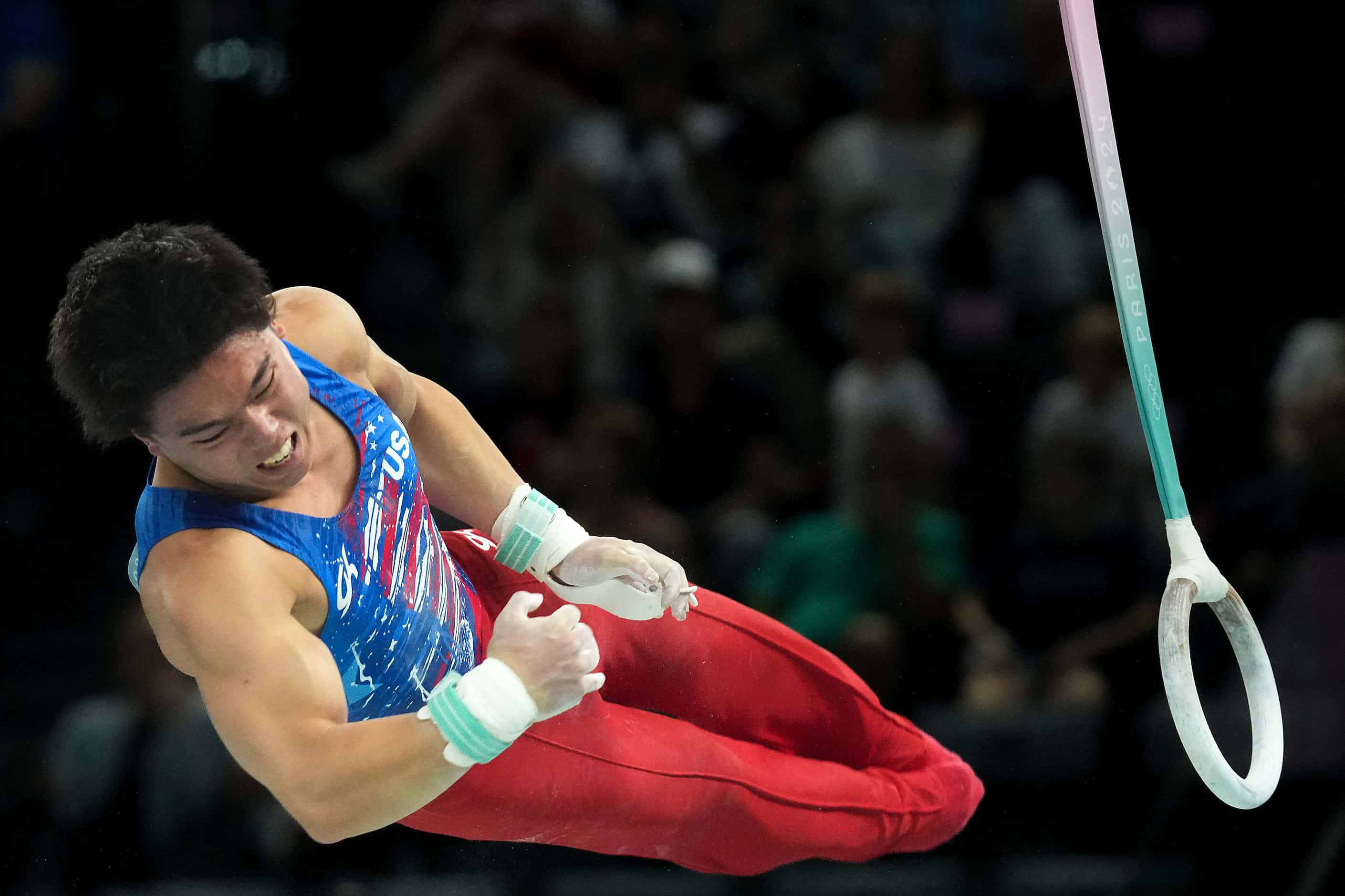Asher Hong of the United States competes on the rings during men’s gymnastics qualifying at...