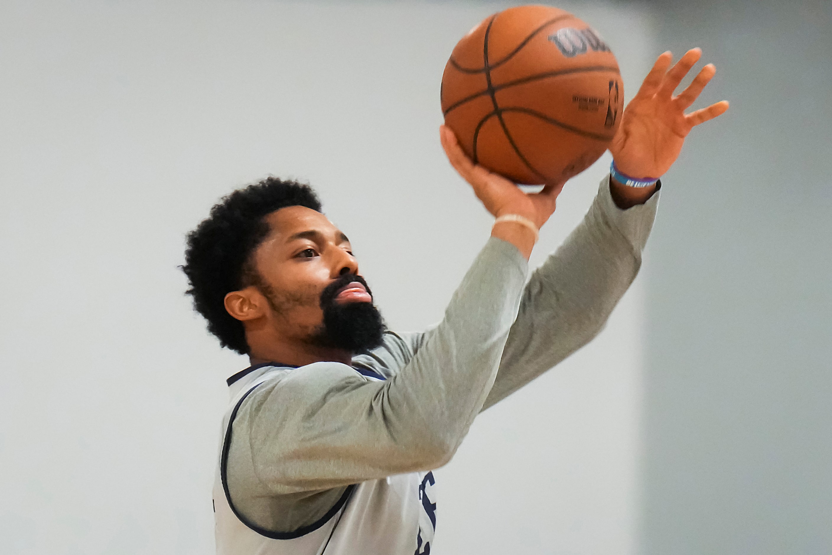 Dallas Mavericks guard Spencer Dinwiddie  shoots as the team practices in preparation for...