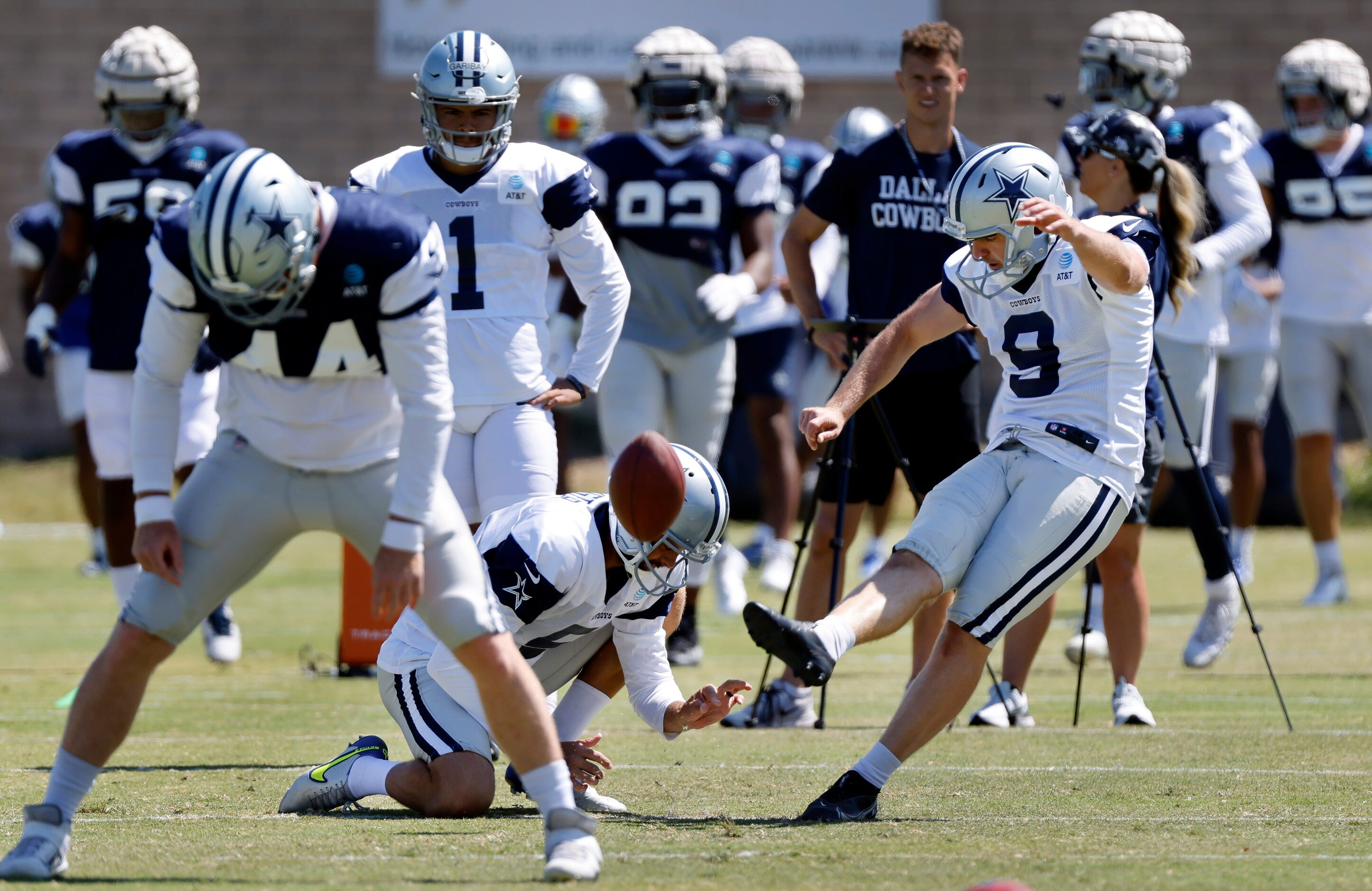 Dallas Cowboys kicker Lirim Hajrullahu (9) kicks field goals on snaps from long snapper Jake...