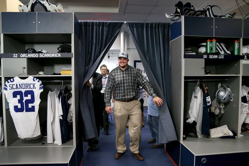 Dallas Cowboys first round pick Zack Martin tours the locker room at the Cowboys Training...