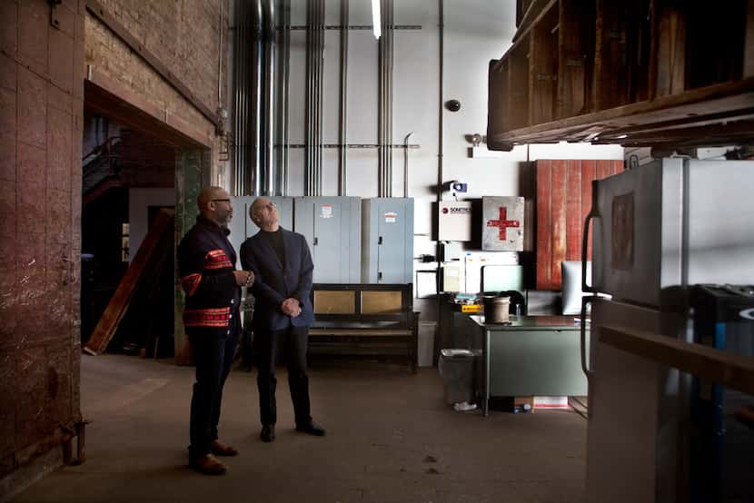 Theaster Gates (left) and Nasher Sculpture Center director Jeremy Strick at Gates' studio in...