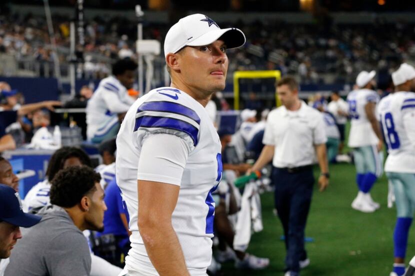 Dallas Cowboys kicker Brett Maher (2) is pictured on the bench during the second half of...
