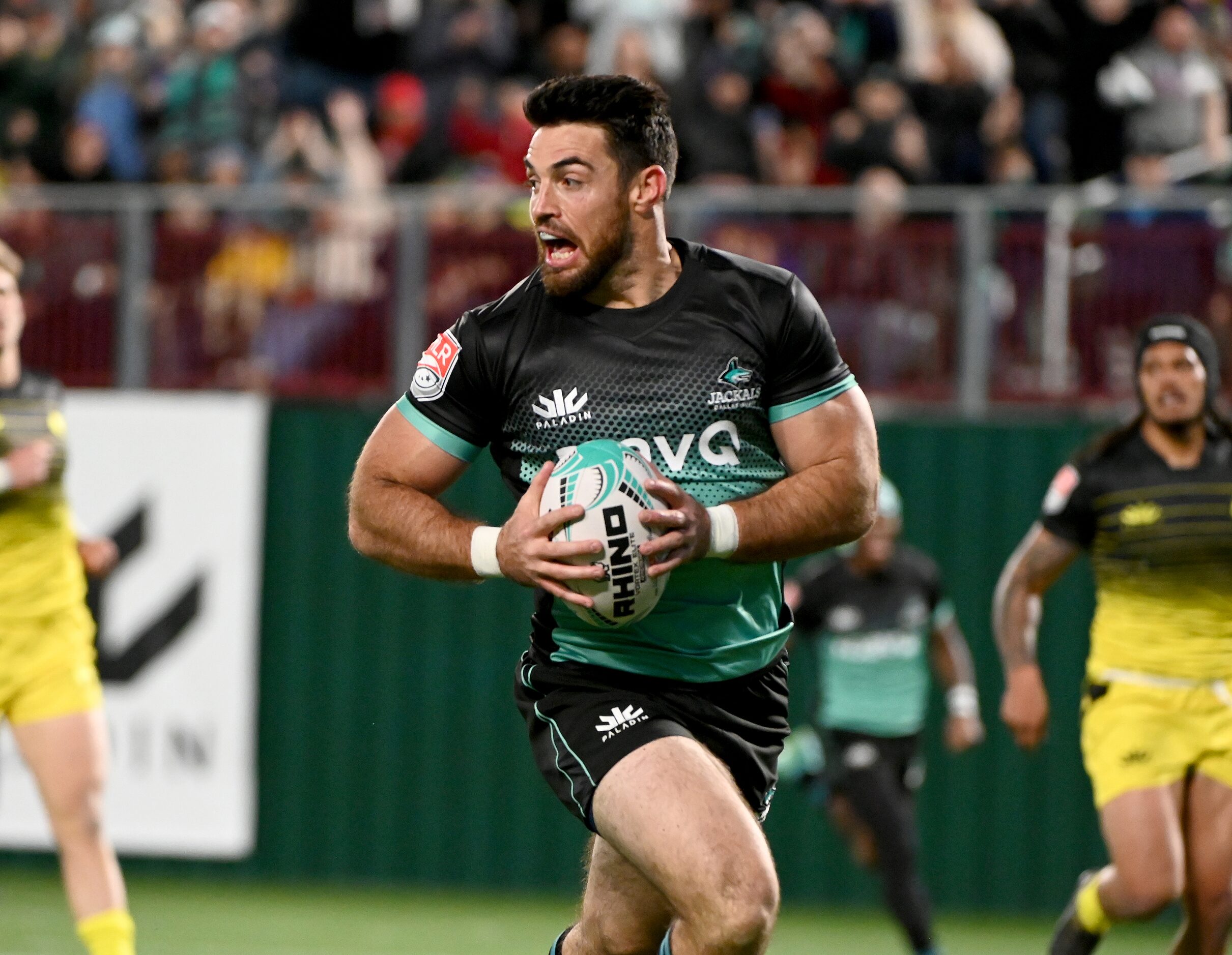 Dallas’ Chad London runs in for a try during a Major League Rugby match between the Houston...