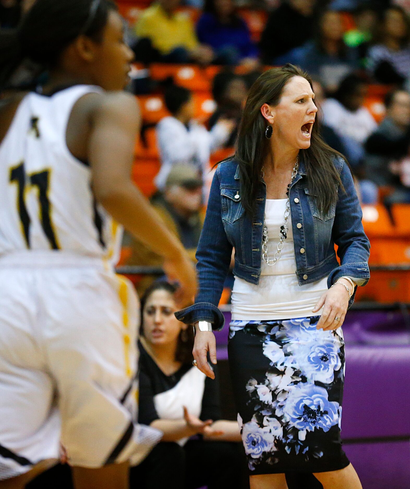 Plano West head coach Kristen Perry disagrees with an officials call as they played Amarillo...