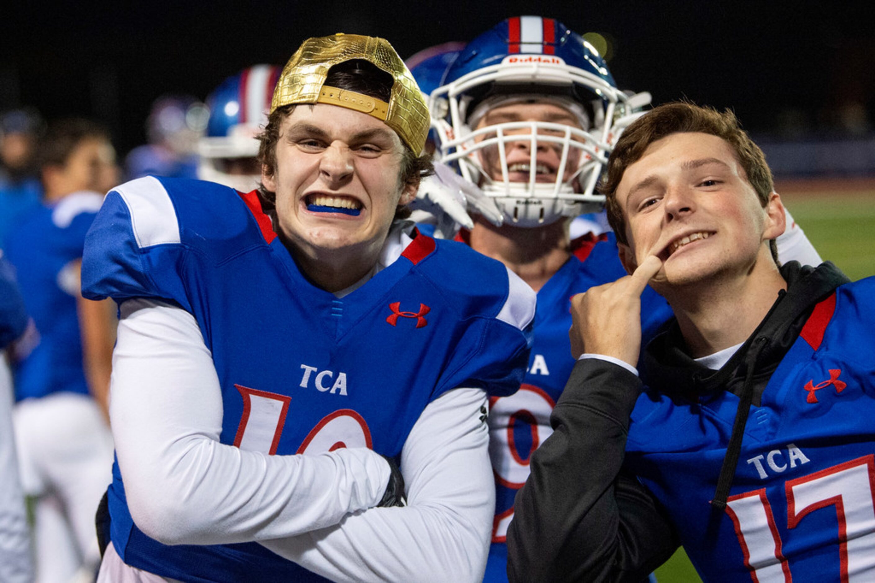 TCA-Addison defensive back Luke Tredennick (10), defensive back Blake Mercer (17) and...