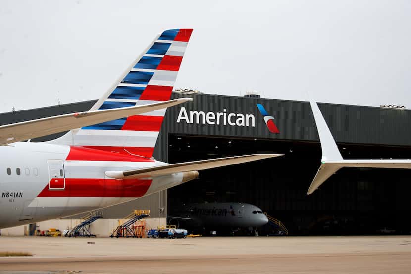 An American Airlines Boeing 737-MAX 8 winglet (right) is pictured at the maintenance...