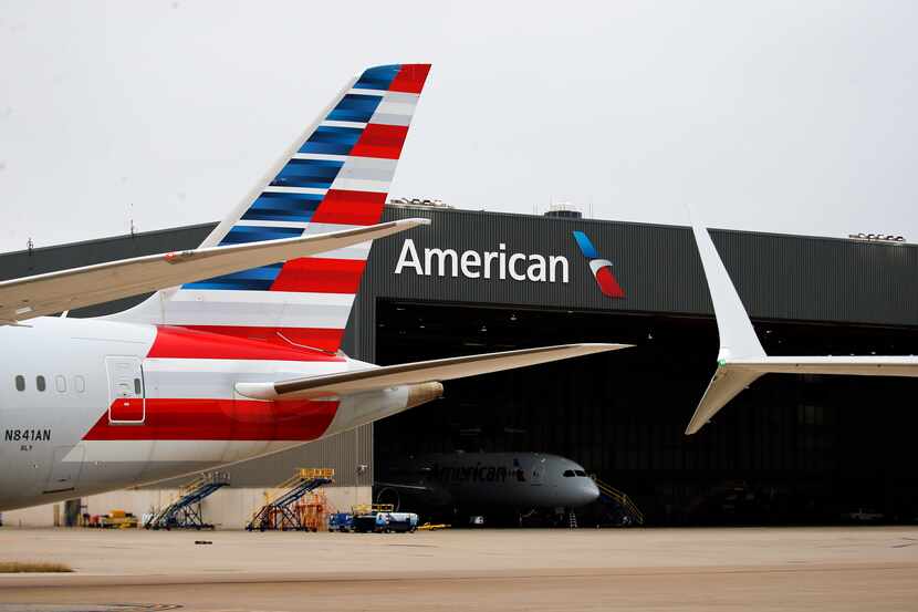 An American Airlines Boeing 737-MAX 8 winglet (right) is pictured at the maintenance...