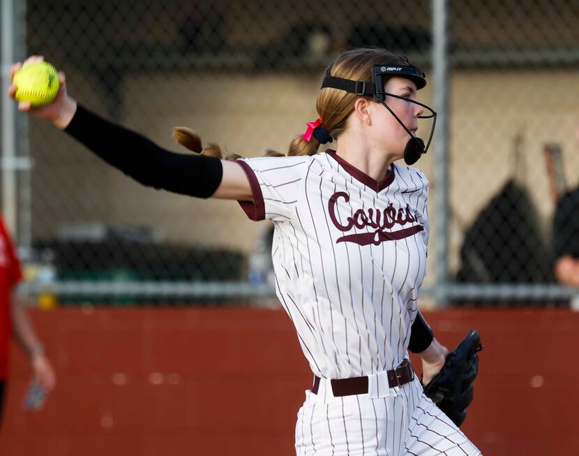 Heritage High School pitcher Jensin Hall throws a pitch against Lovejoy High School during...