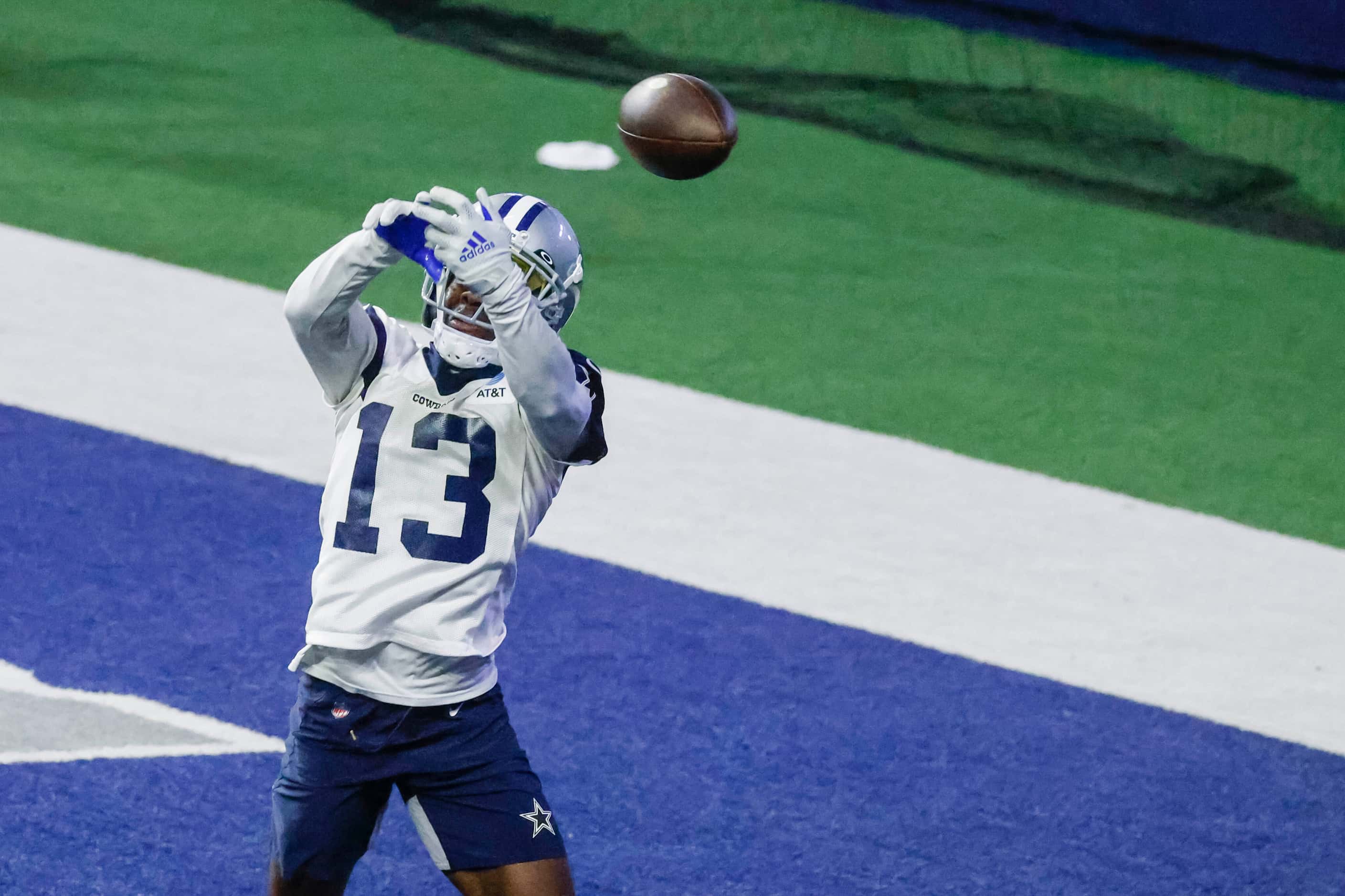 Dallas Cowboys wide receiver Michael Gallup misses to catch a touchdown throw from...