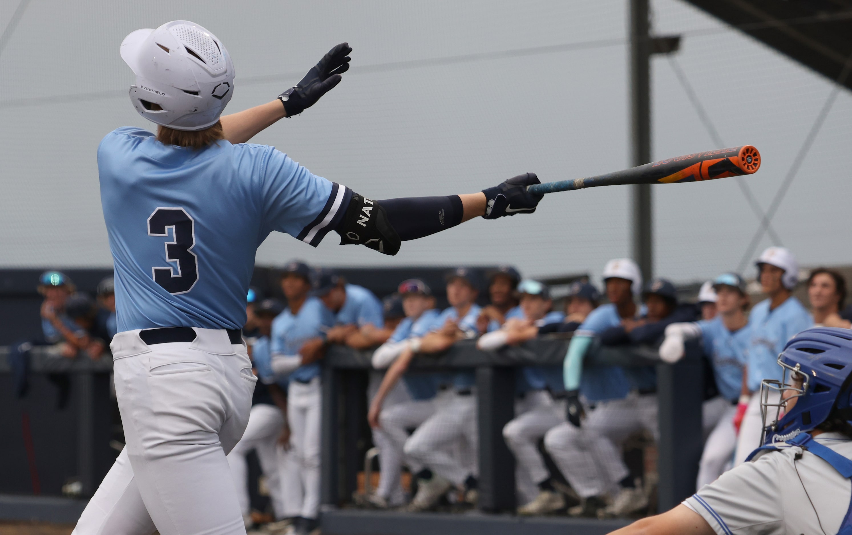  Prestonwood first baseman Trent Vilade (3) drives a pitch into the outfield during the...