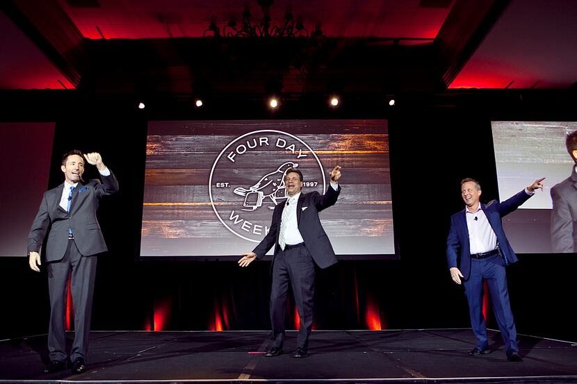 Four Day Weekend co-founders David Hearn, Frank Ford and David Wilk take a stage call at a...