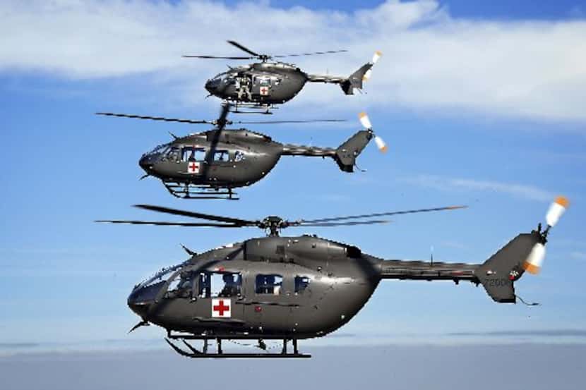 This undated photo, provided by EADS North America, shows three UH-72A Lakota helicopters....