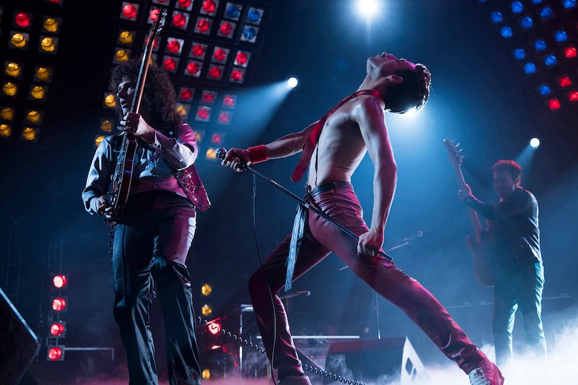 Gwilym Lee (Brian May), Rami Malek (Freddie Mercury) and Joe Mazzello (John Deacon) in...