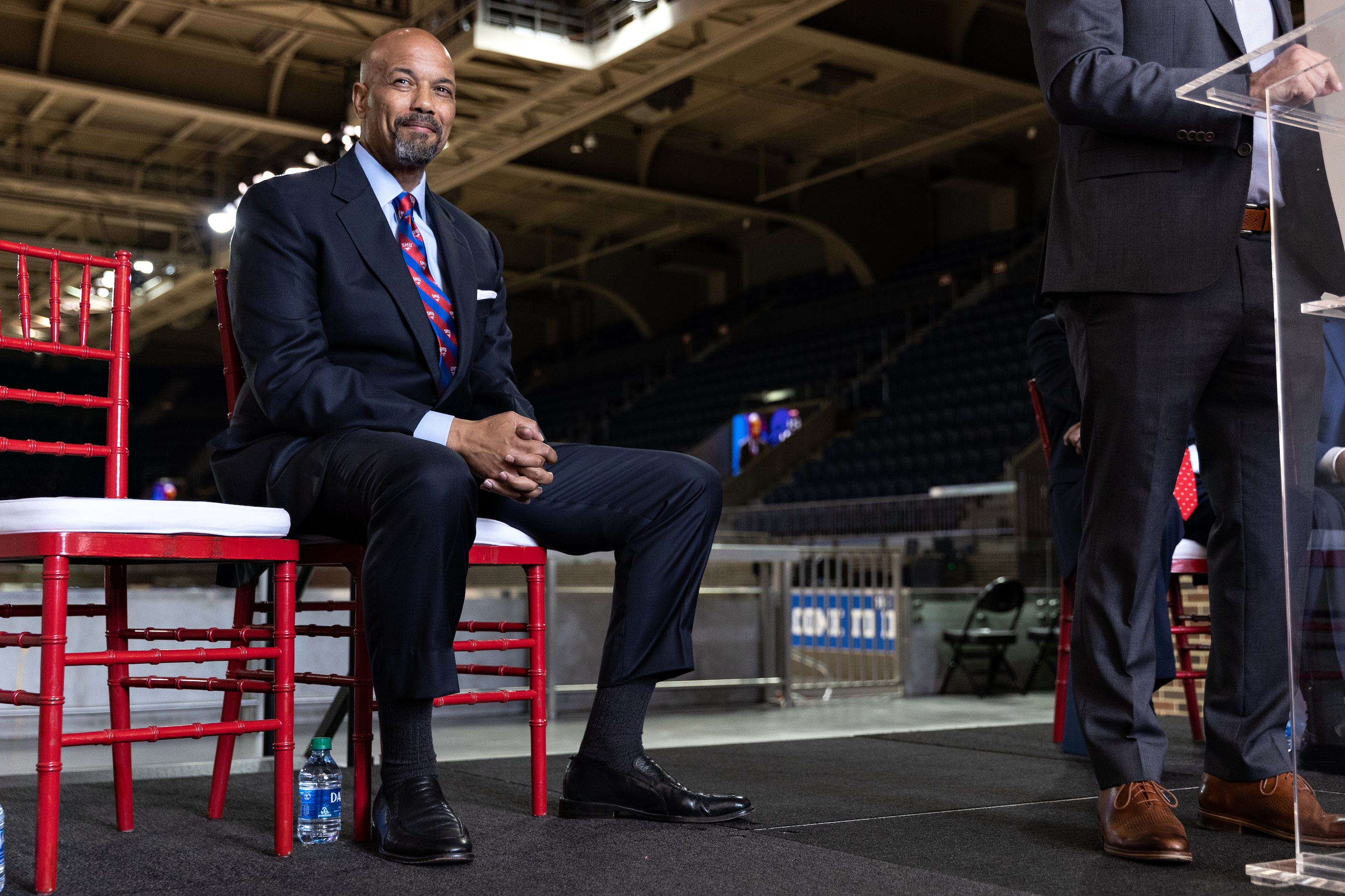 SMU’s new Head Men’s Basketball Coach Rob Lanier smiles at the audience during a press...