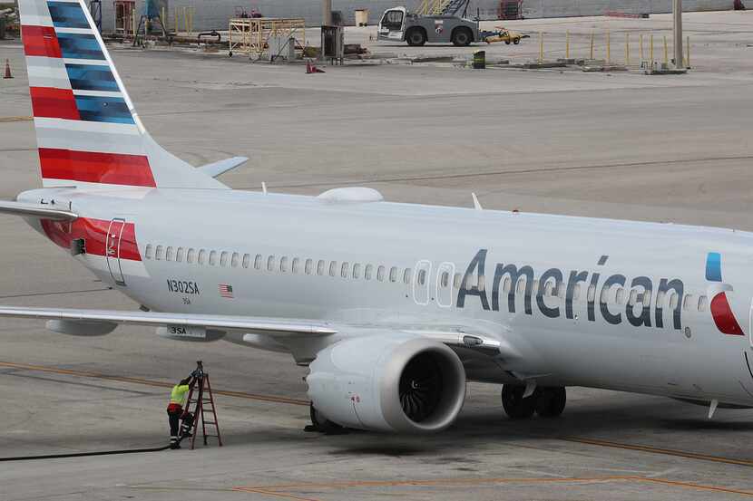 MIAMI, FL - MARCH 14:  A grounded American Airlines Boeing 737 Max 8 is seen parked at Miami...