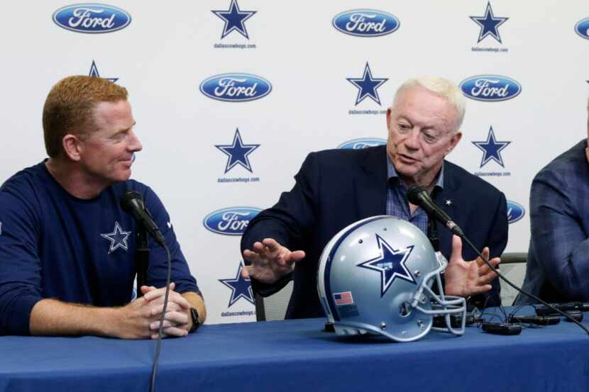 Dallas Cowboys head coach Jason Garrett, left, Cowboys owner and general manager Jerry...