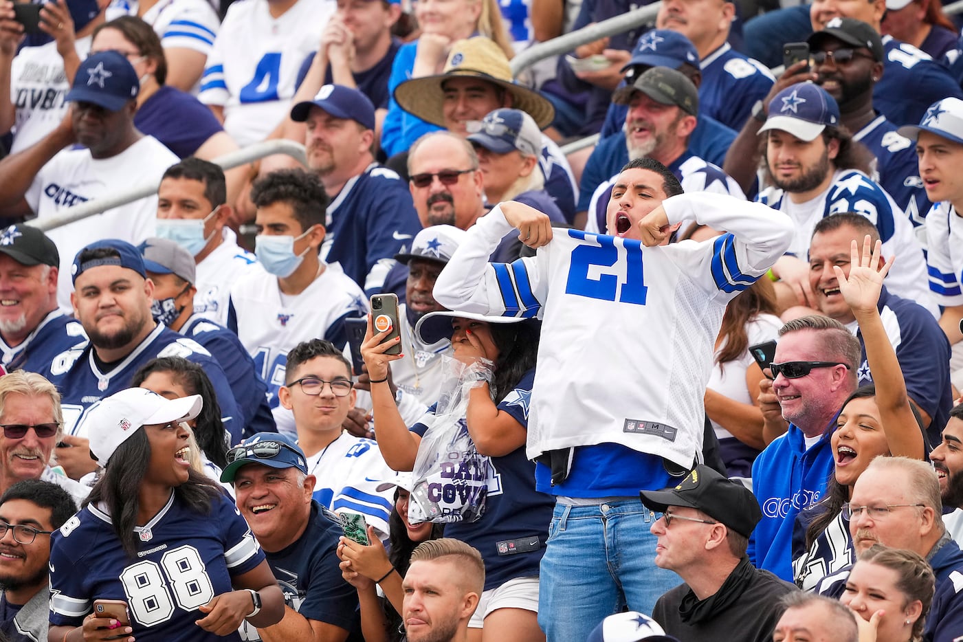 A fan yells his support for Dallas Cowboys running back Ezekiel Elliott during a practice at...