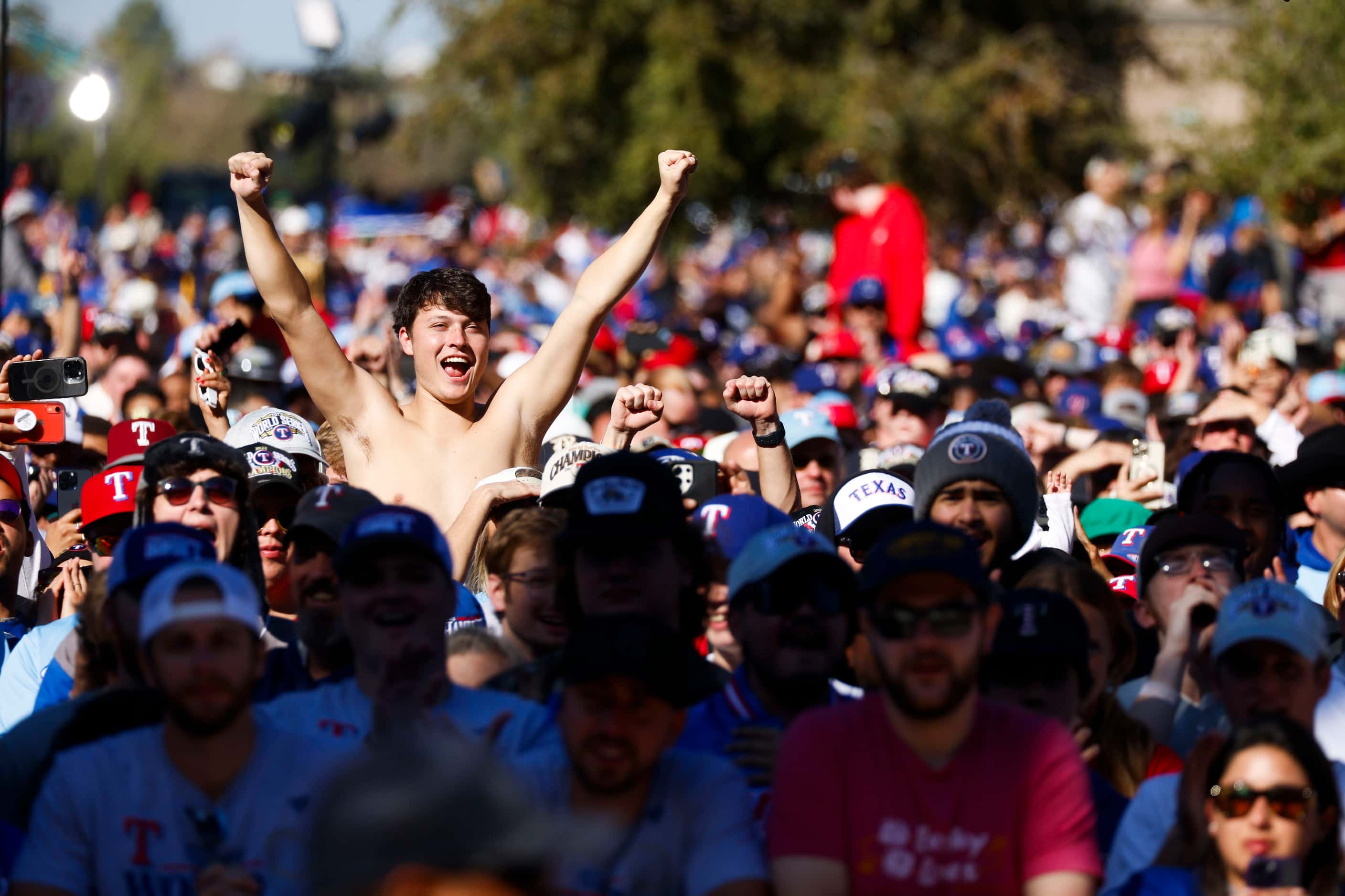 Crowd cheer during Texas Rangers post-parade public celebration on, Friday, Nov. 3, 2023 in...