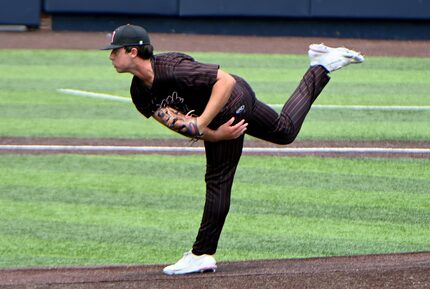 Rockwall Heath starting pitcher Josh Hoover follows through with a pitch during Game 3 of...