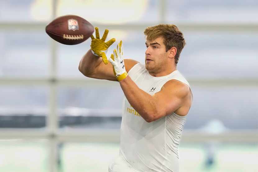 Tight end Michael Mayer runs a drill during Notre Dame's NFL football Pro Day in South Bend,...