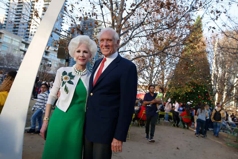 Jody and Sheila Grant posed for a portrait during the tree lighting at Klyde Warren Park on...
