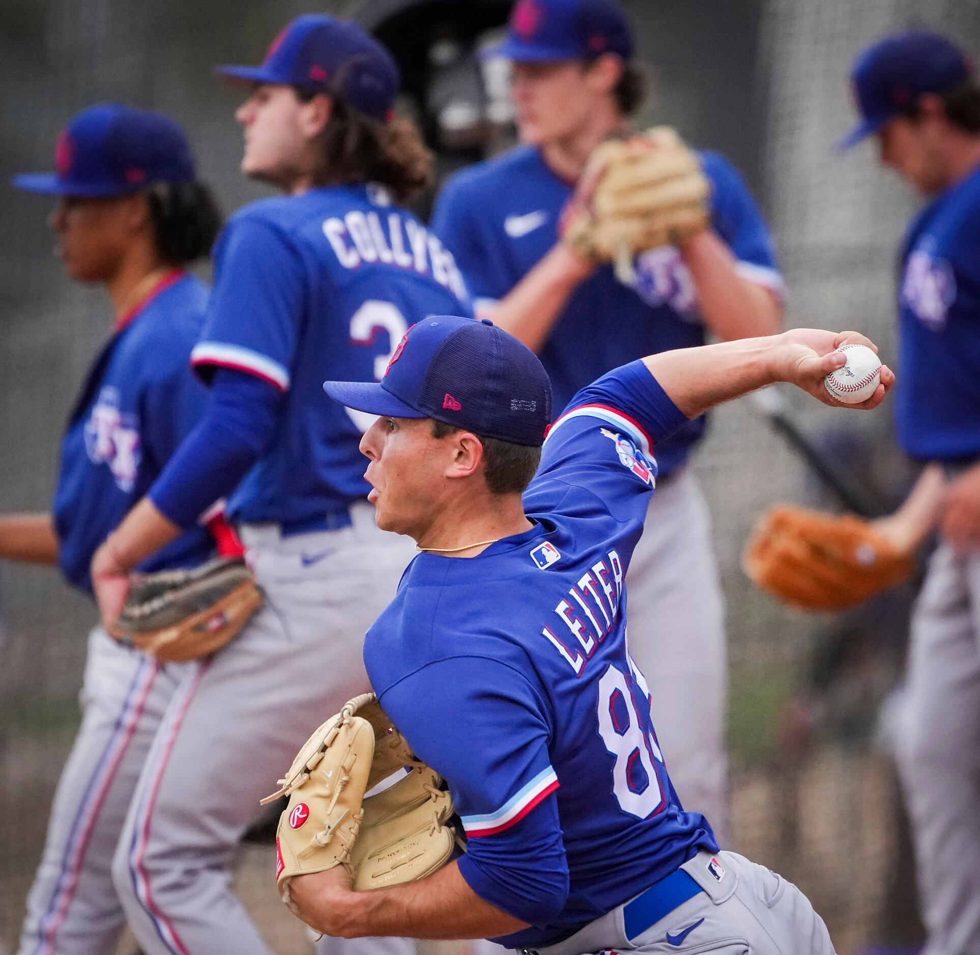 Texas Rangers pitcher Jack Leiter throw in a bullpen session a during a minor league spring...