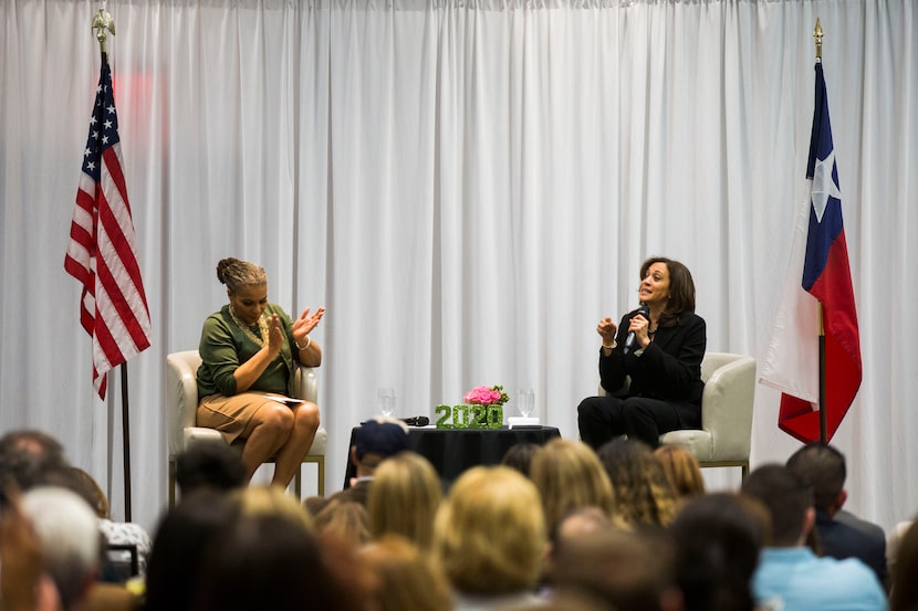 Sen. Kamala Harris (right) spoke with Tarrant County Democratic chairwoman Deborah Peoples...