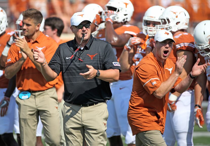 FILE - Texas head coach Tom Herman is pictured during pregame warmups before a game against...