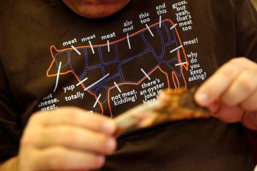 
Texas BBQ Posse member Jim Rossman wore one of 'meat' shirts on the South of DFW BBQ Tour...