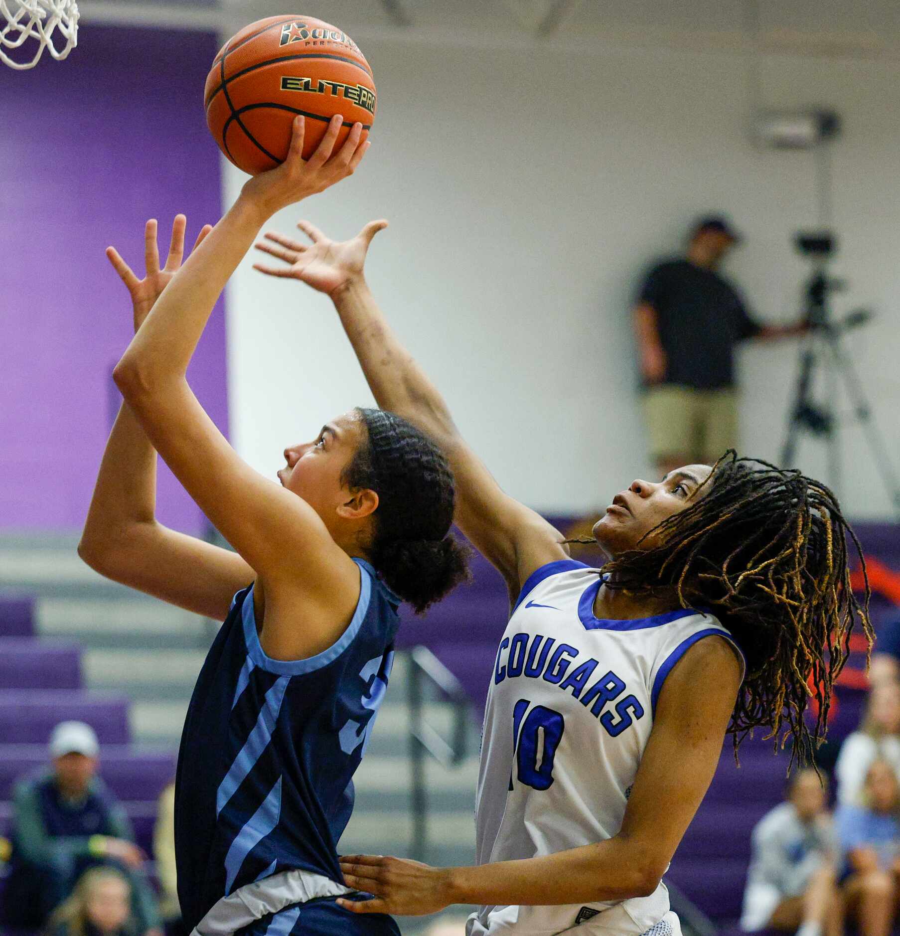 Tyler Grace Community forward Paige Gilmore (10) blocks a shot attempt from Argyle Liberty...