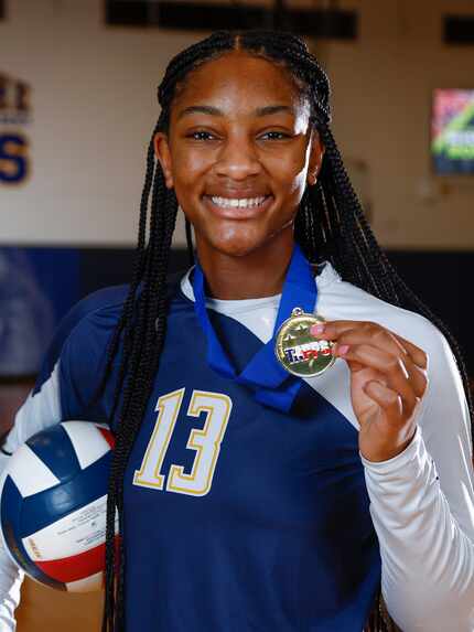 Plano Prestonwood sophomore outside hitter Macaria Spears poses for a photo at her school in...