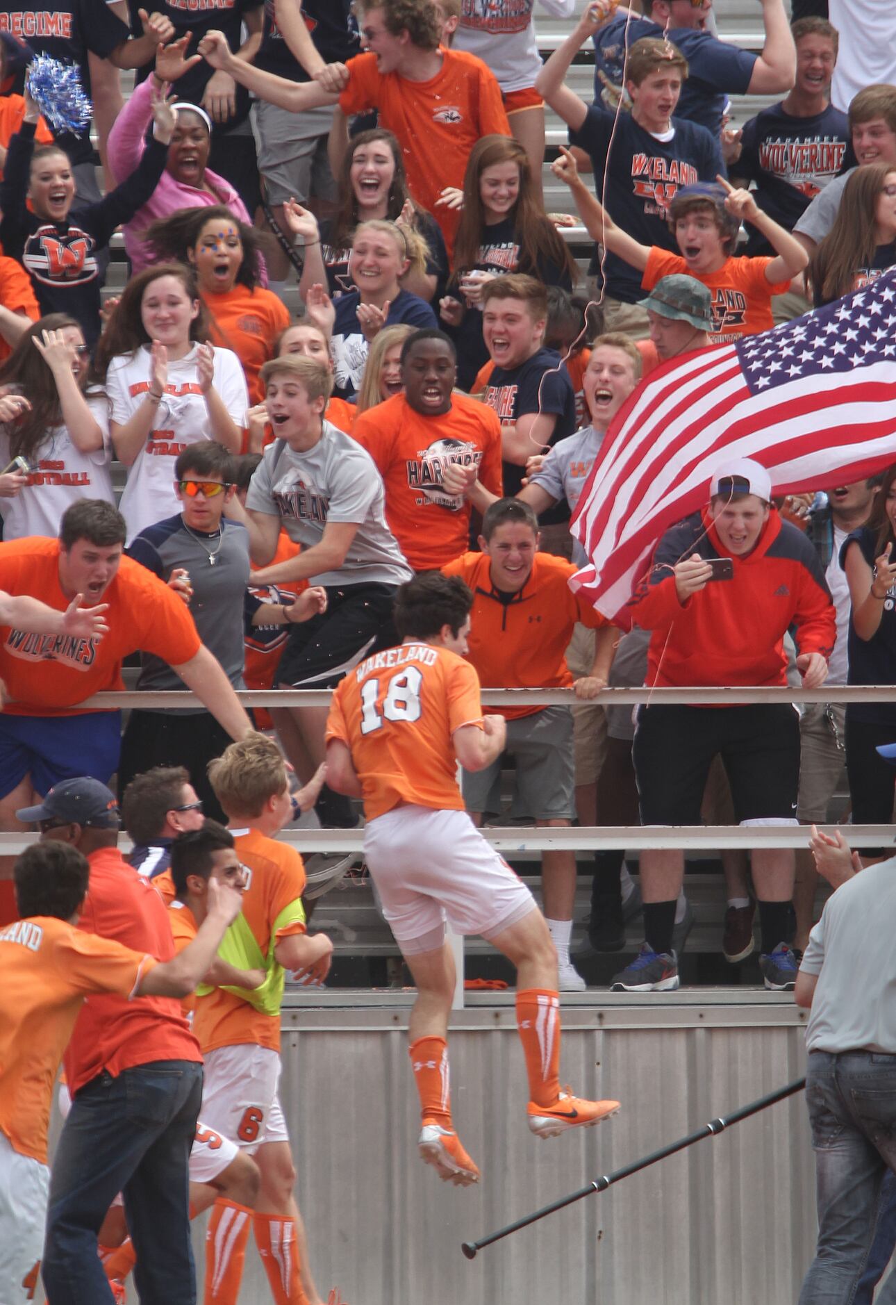 Frisco Wakeland soccer player Brett Berdinsky (18) jumps into the air as fans cheer his go...