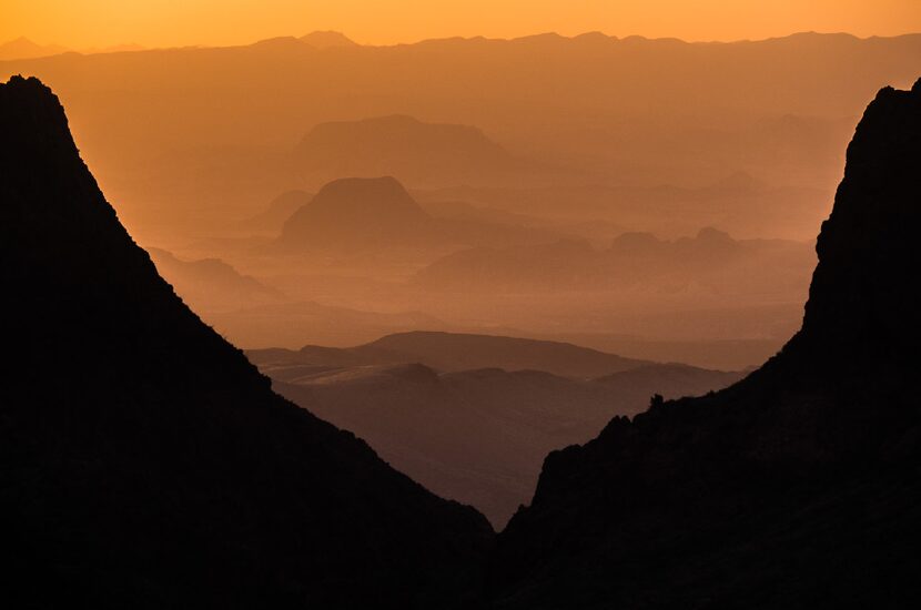 Chisos Bason at sunset through the window. 