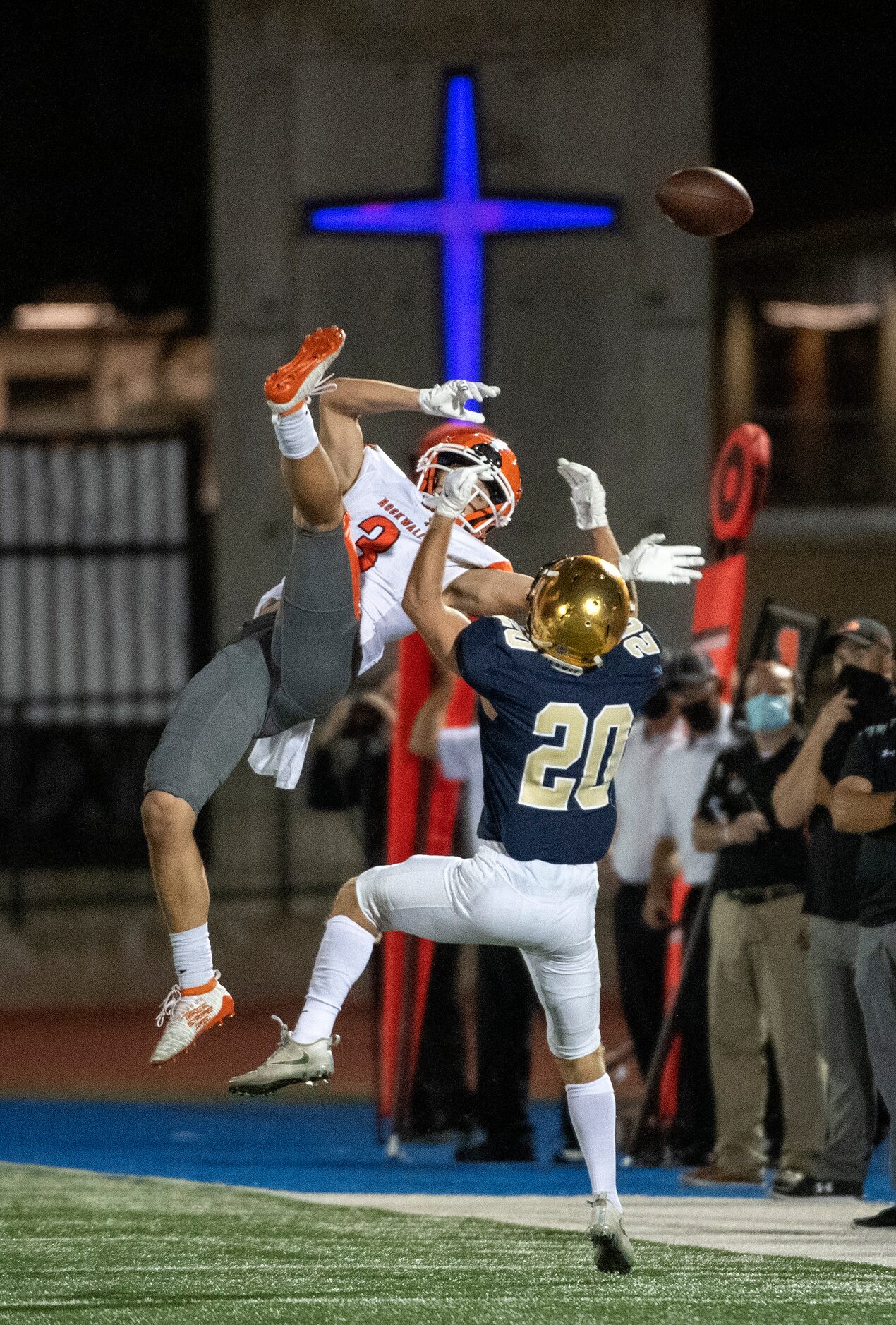 Rockwall senior wide receiver Jax Johnson (3) and Jesuit senior defensive back Max McFarland...