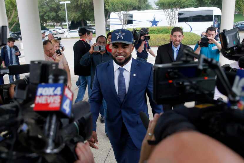 The Dallas Cowboys first round NFL football draft pick Ezekiel Elliott, arrives at Valley...