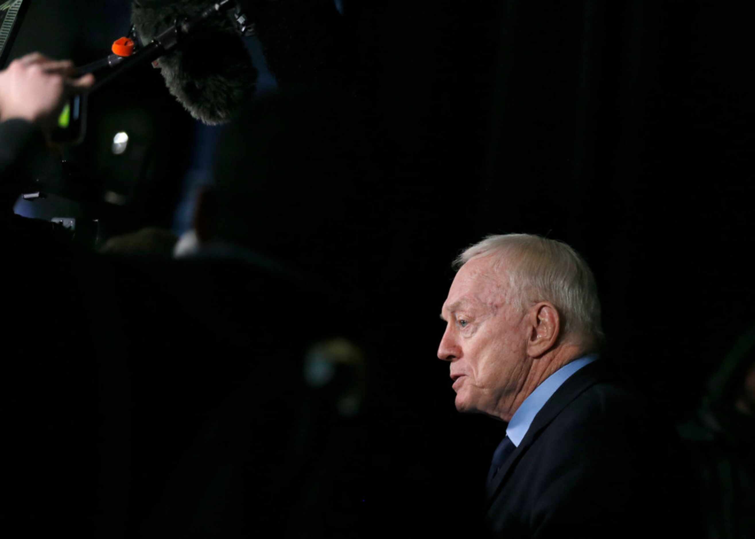 Dallas Cowboys owner and general manager Jerry Jones answers questions from the media after...