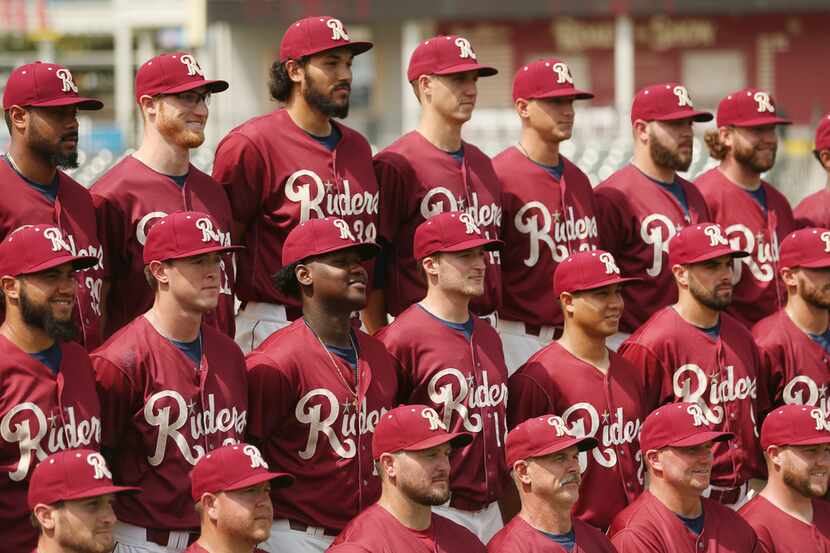 Frisco RoughRiders teammates stand in place during a team photograph at RoughRiders media...