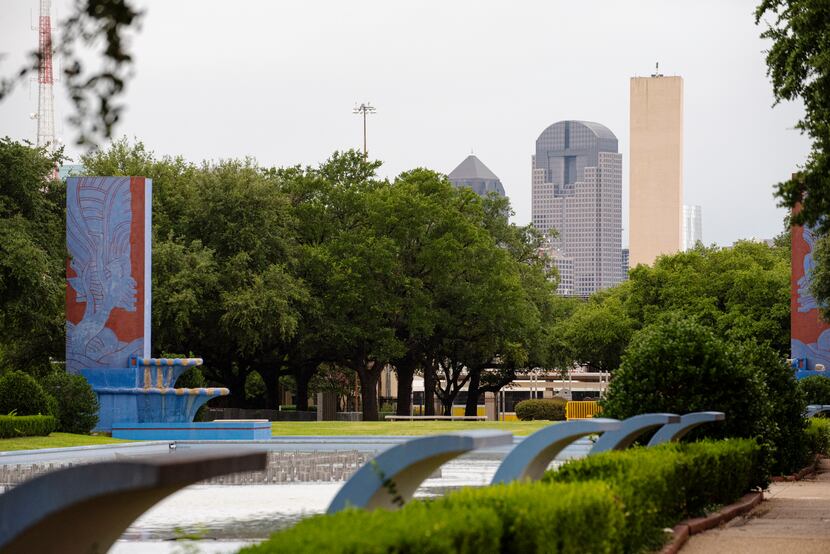 A view of downtown Dallas from the Fair Park Esplanade Sunday.